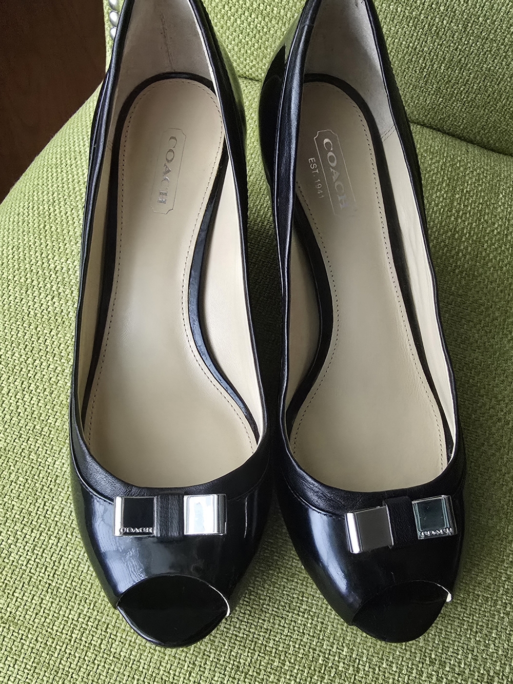 Coach Black Patent Leather Peep-Toe Wedge Pumps with Bow Accent - Picture 10 of 13